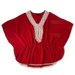 Forever 21 Red Kaftan Blouse White Crochet Lace Trim Pom Pom Boho Top Medium